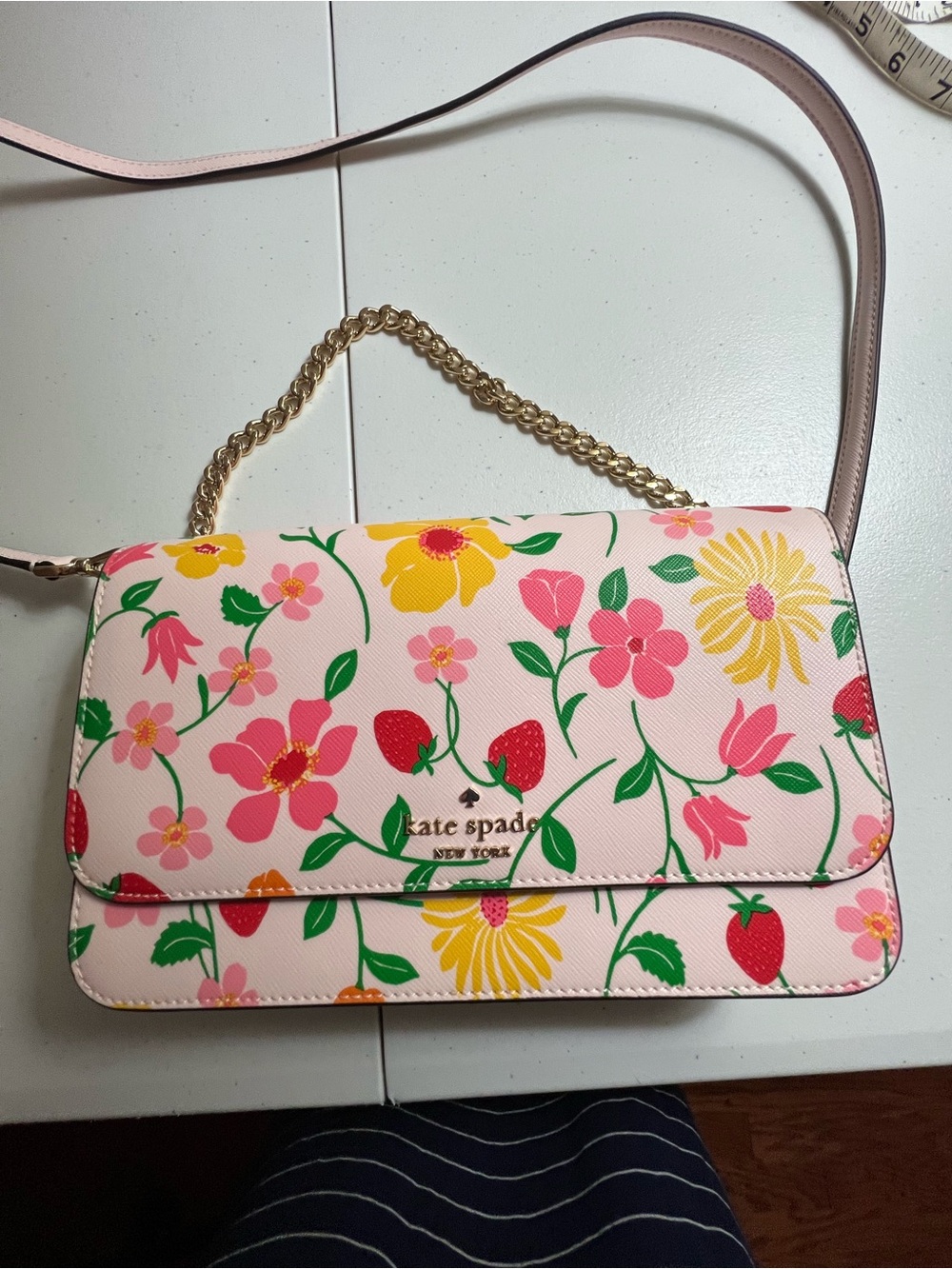 kate spade Pink Floral & Strawberry Crossbody with Gold Chain